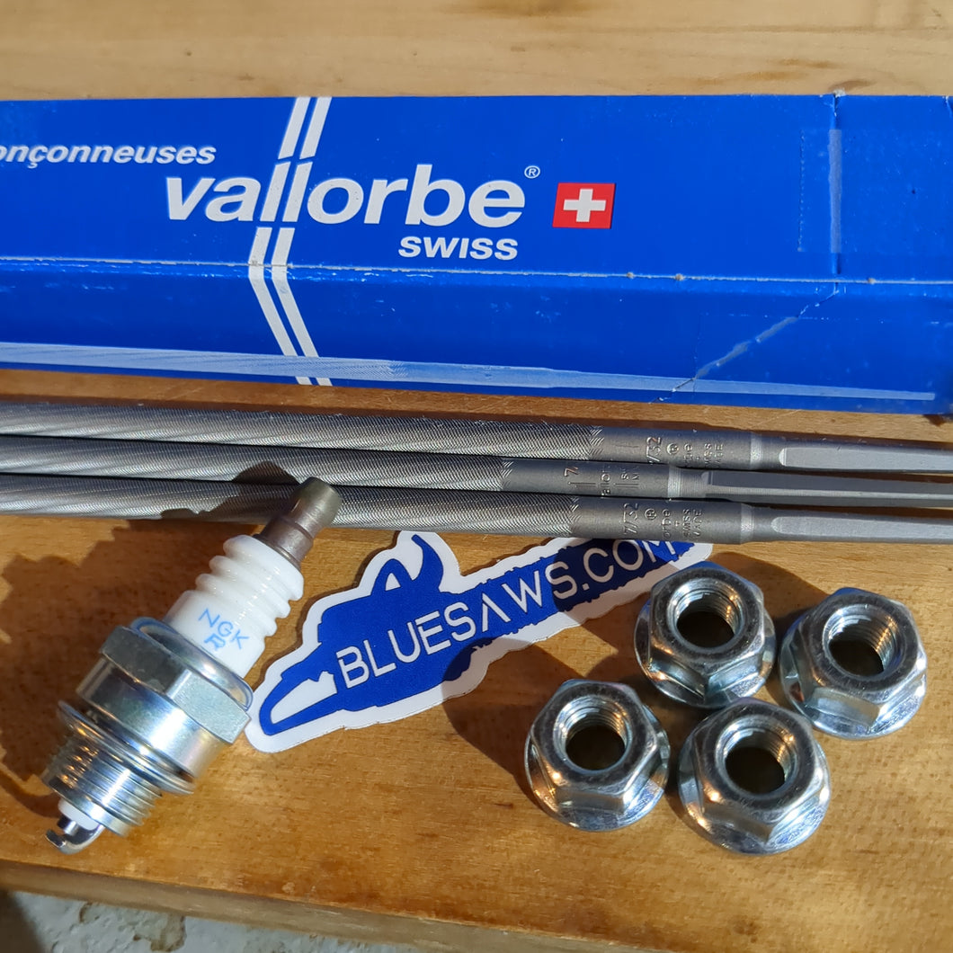 BLUESAWS Husky Service Pack Vallorbe, Hyway, NGK - Contains 4 hyway Bar Nuts For Husky, 3 Swiss VALLORBE 7/32 files, 1 NGK BPMR7A Japan spark plug