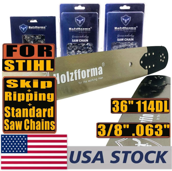 Holzfforma® Pro 36 Inch 3/8 .063 114DL Bar & Full Chisel Standard & Semi Chisel Ripping Chain & Full Chisell Skip ChainFor STHL 3003 mount